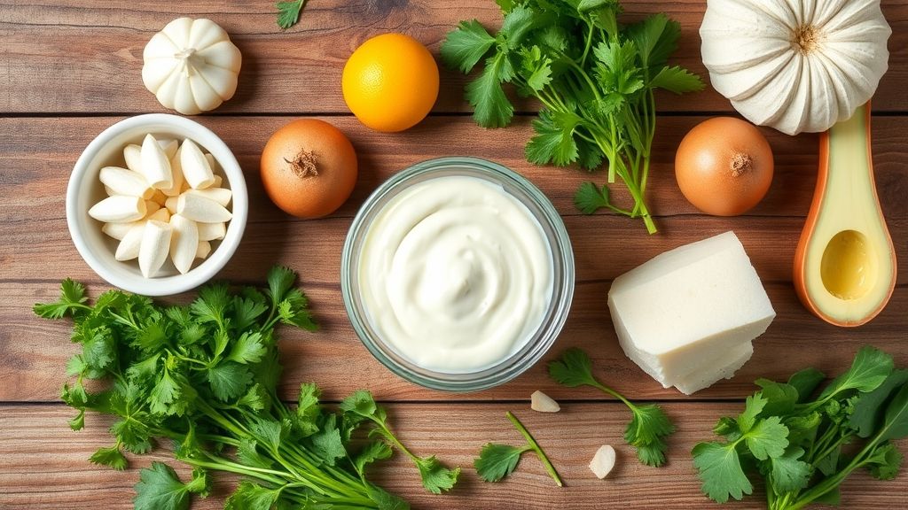 Ingredientes dispostos em bancada de madeira com ovos, óleo, limão e mostarda em tigelas pequenas