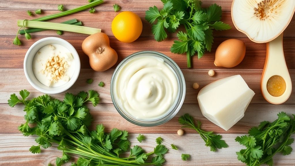 Visão de cima com ovo, óleo, limão e temperos organizados em bancada de madeira