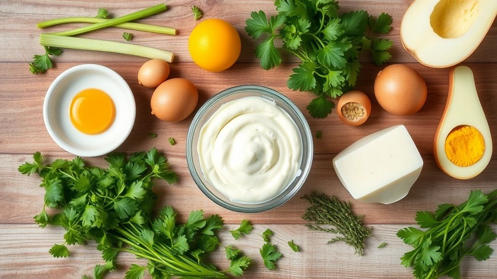 Visão de cima dos ingredientes da maionese dispostos em uma bancada de madeira rústica