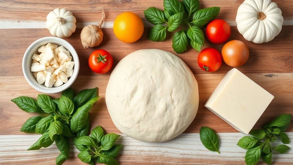 Visão de cima mostrando farinha, iogurte e sal dispostos em tigelas sobre bancada