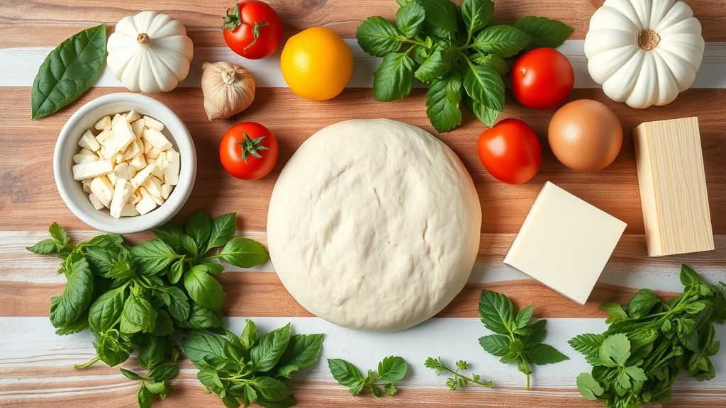 Ingredientes da massa de pizza sem leite organizados em cima de uma bancada de madeira