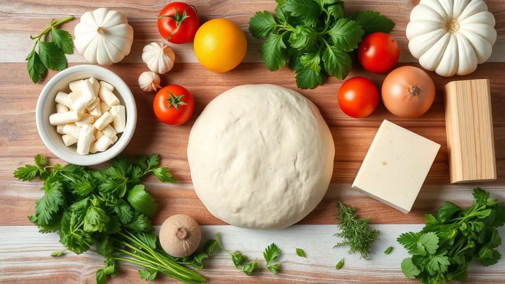 Visão de cima com os ingredientes medidos e organizados sobre bancada de mármore clara