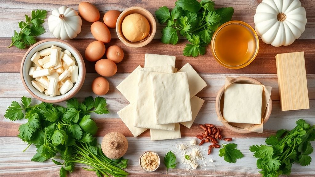 Visão de cima com os ingredientes da massa de salgado organizados em uma bancada