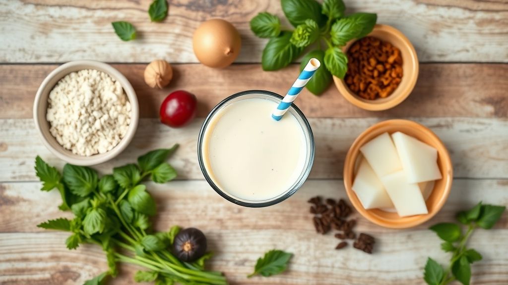 Ingredientes organizados em bancada: sorvete de creme, leite e Ovomaltine