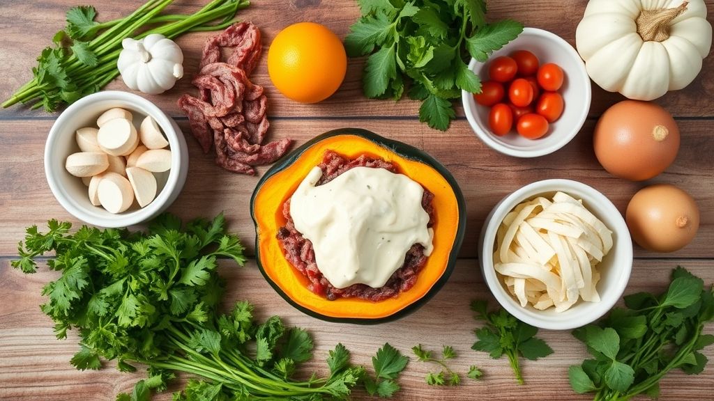 Visão de cima dos ingredientes frescos organizados em bancada de madeira.