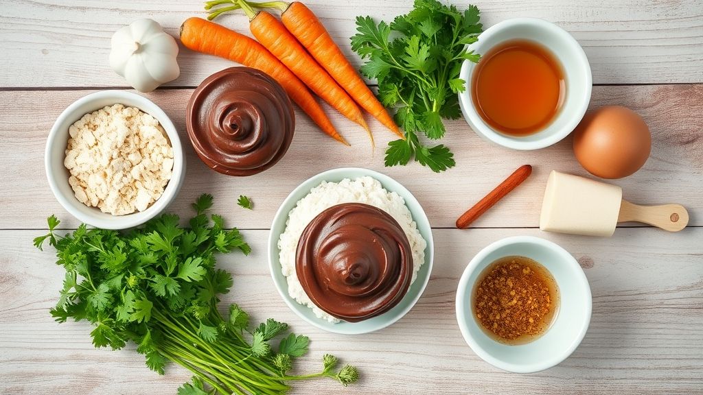 Ingredientes organizados em bancada de madeira para preparar os mini bolos de cenoura com cobertura de chocolate