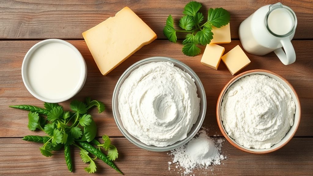 Visão de cima com os queijos, leite, manteiga e farinha dispostos em uma bancada rústica
