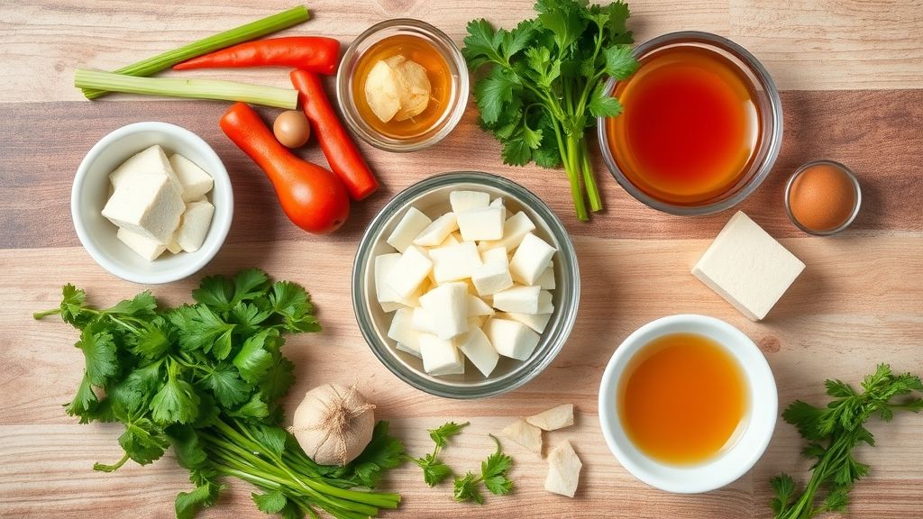 Visão de cima com ketchup, vinagre, açúcar, shoyu e amido de milho dispostos em potes sobre uma bancada