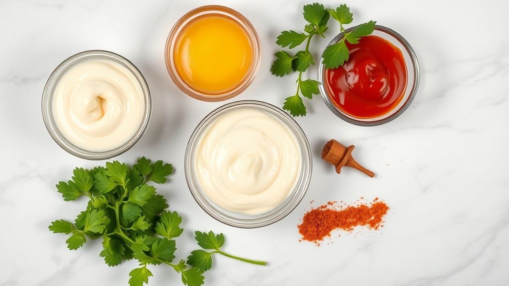 Visão de cima com os ingredientes do molho Big Tasty organizados sobre bancada de mármore