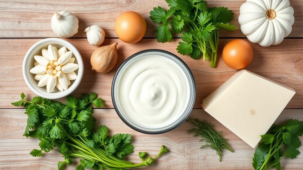 Visão de cima com todos os ingredientes do molho branco organizados em bancada de madeira.