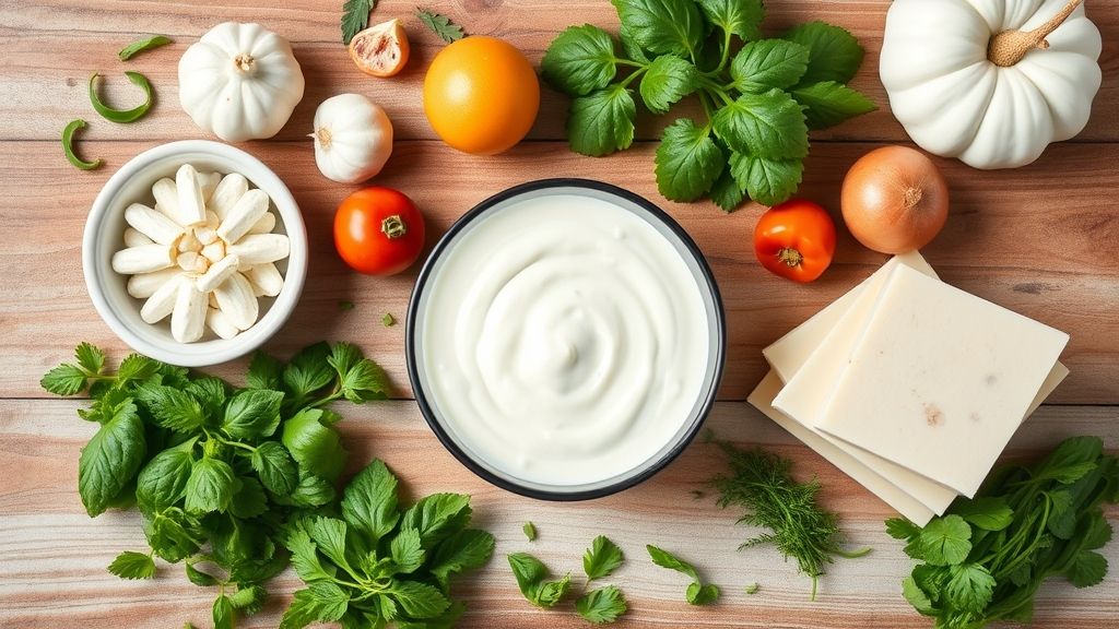 Visão de cima com manteiga, farinha, leite e noz-moscada organizados em uma bancada rústica