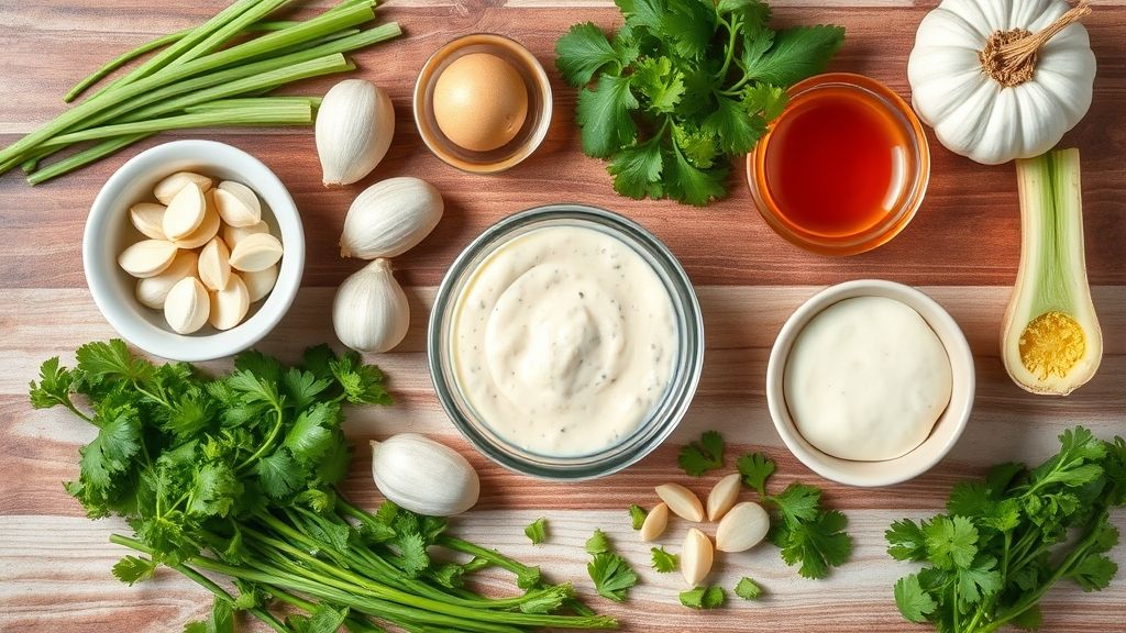 Visão de cima com dentes de alho, óleo, iogurte e maionese arrumados em uma bancada de madeira