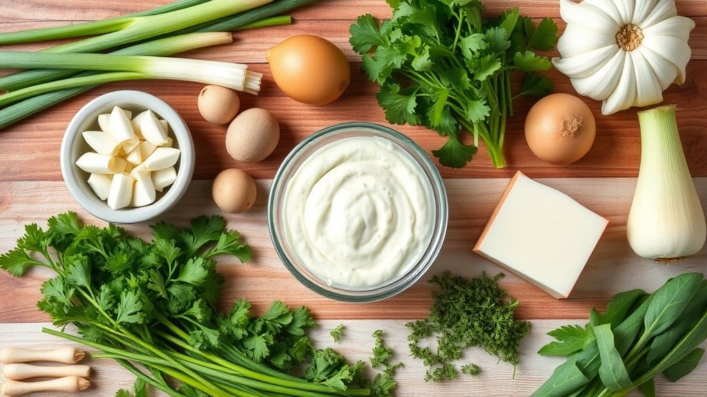 Visão de cima mostrando alho-poró, creme de leite, manteiga e temperos organizados em uma bancada