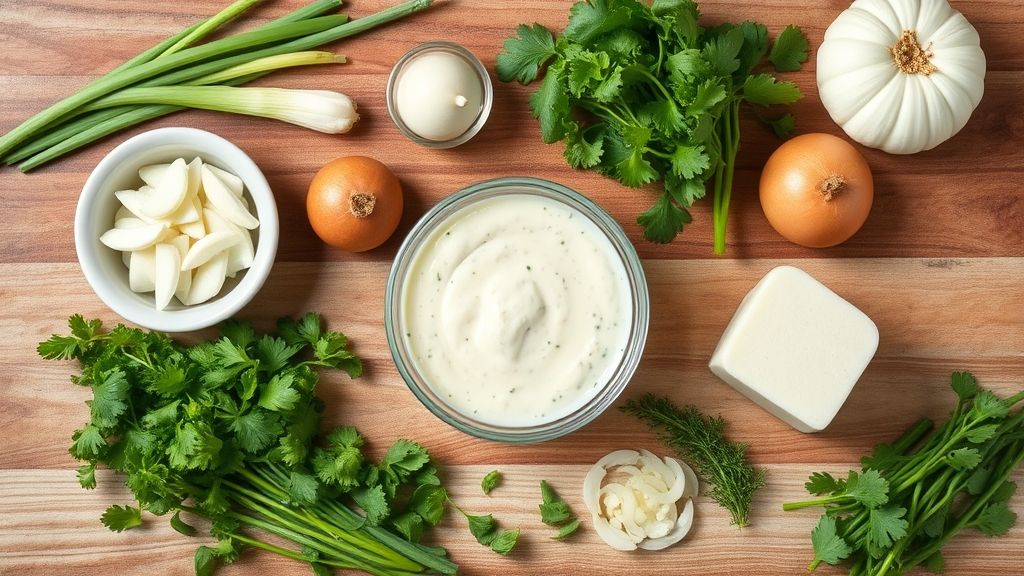 Ingredientes medidos e organizados sobre bancada de madeira, incluindo cebola, açúcar, vinagre e shoyu