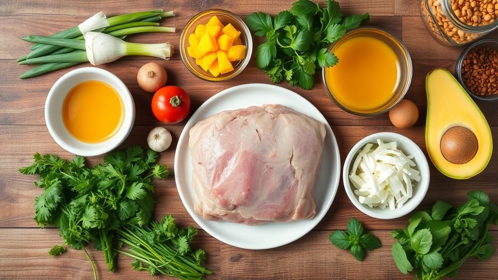 Visão de cima com manga, cebola, alho, limão, gengibre e temperos organizados em uma bancada de madeira.