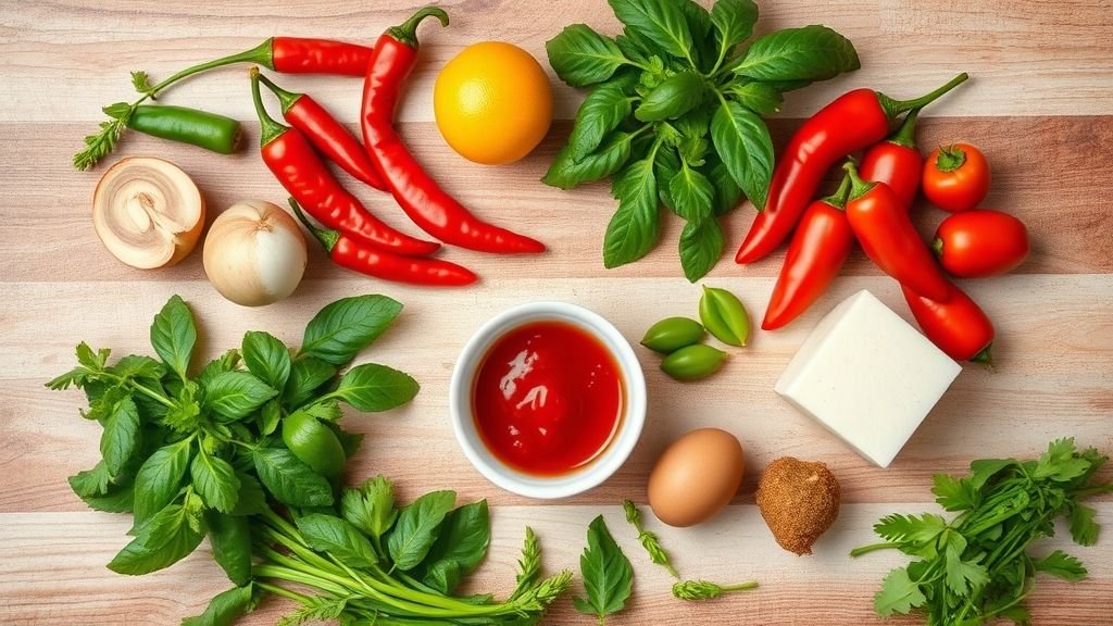 Visão de cima dos ingredientes frescos — pimentas vermelhas, alho, cebola e vinagre — organizados em uma bancada