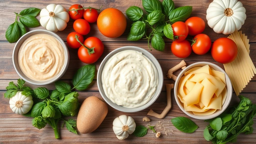 Ingredientes frescos e organizados para o preparo de molhos branco e de tomate para rondelli