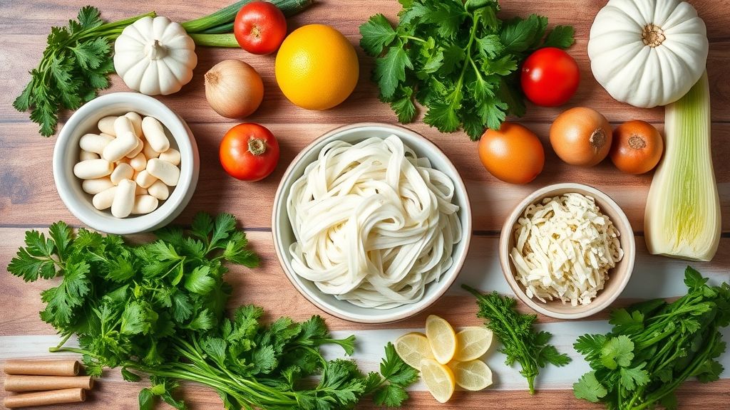 Visão de cima com os ingredientes da moqueca de linguado organizados em uma bancada colorida
