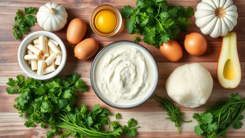 Visão de cima com os ingredientes frescos como panga, pimentões, cebola, tomates e leite de coco organizados em uma bancada rústica.