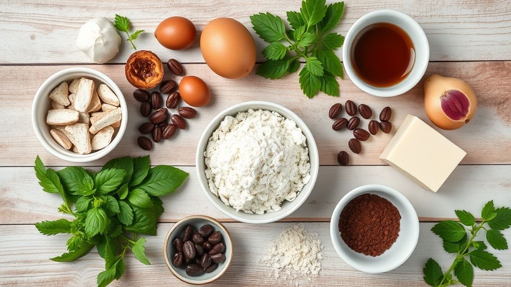 Visão de cima com os ingredientes da mousse de chocolate com café organizados em uma bancada de madeira