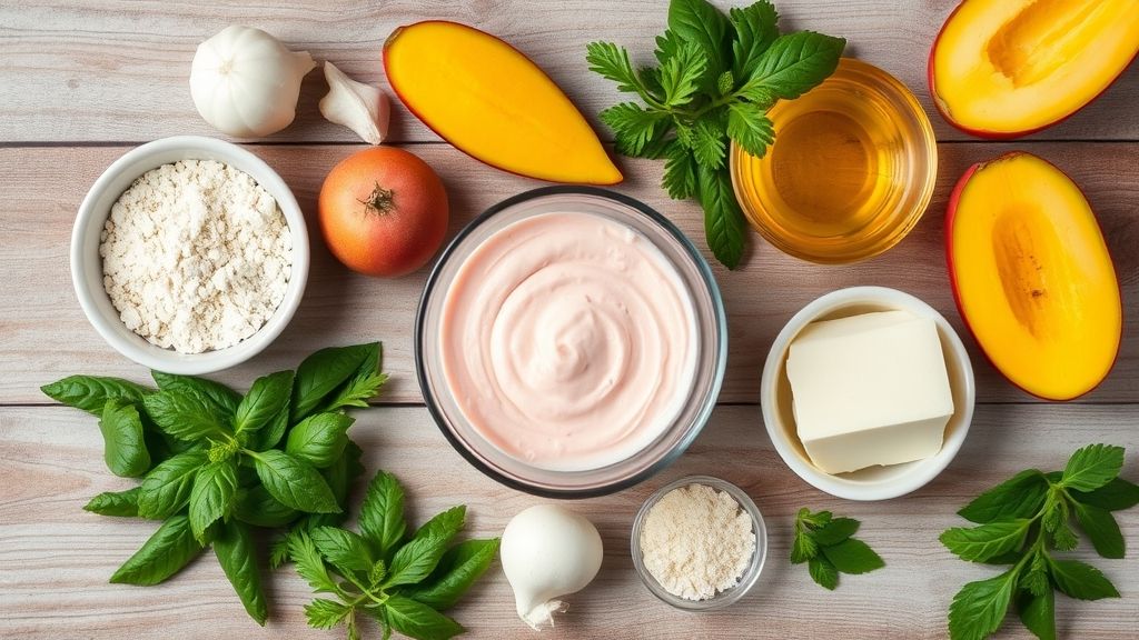 Visão de cima com mangas, leite condensado e creme de leite organizados em uma bancada