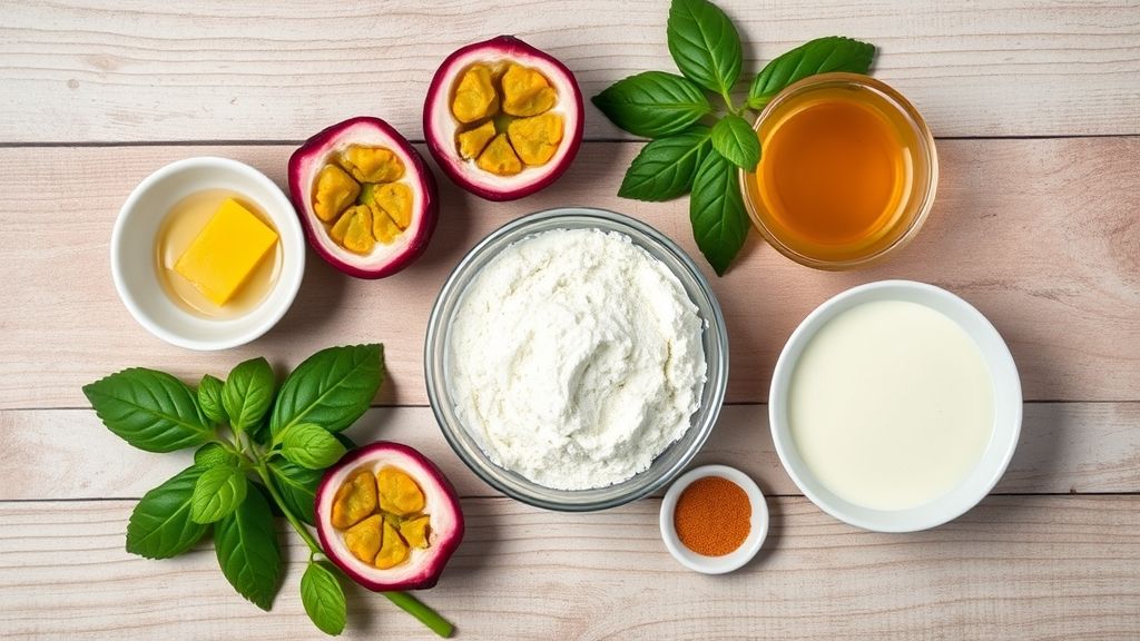 Visão de cima dos ingredientes — leite condensado e suco concentrado de maracujá — dispostos em uma bancada