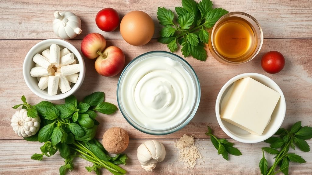 Visão de cima com os ingredientes da mousse de vinho organizados em uma bancada de mármore