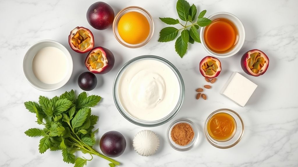 Visão de cima com leite condensado, creme de leite, maracujá e gelatina dispostos em bancada de mármore