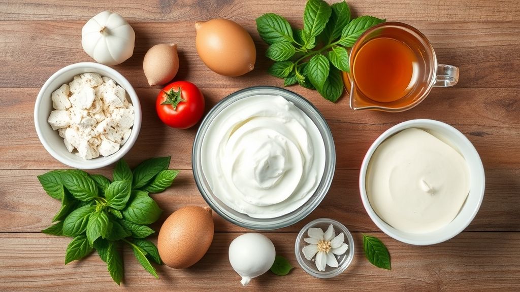 Ingredientes de chocolate, morango e baunilha organizados em bancada de madeira clara, vistos de cima.