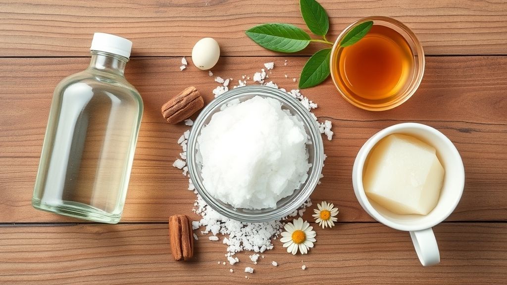 Vista de cima com vinagre, óleo de coco, sal grosso e amido de milho organizados em uma bancada