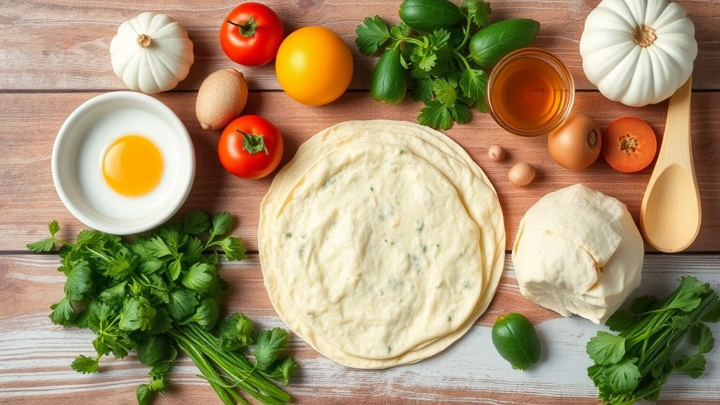 Visão de cima com ovos, queijo, presunto, legumes e temperos organizados sobre bancada de cozinha.