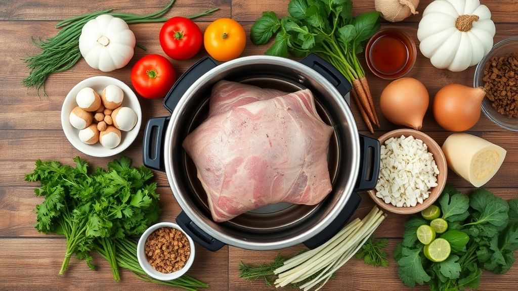 Visão de cima com os ingredientes do ossobuco organizados em uma bancada de madeira rústica