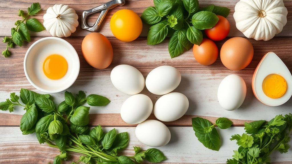 Ingredientes organizados sobre bancada, incluindo ovos, molho de tomate, queijo e temperos frescos