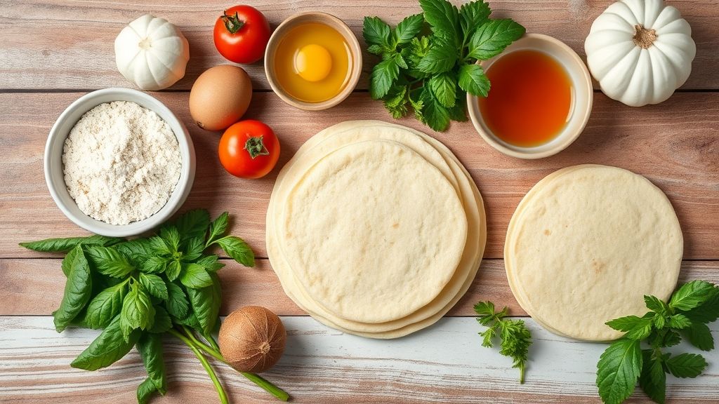 Visão de cima com os ingredientes das panquecas organizados em uma bancada de madeira rústica