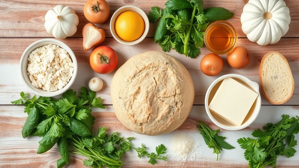 Visão de cima dos ingredientes medidos para pão caseiro em uma bancada rústica