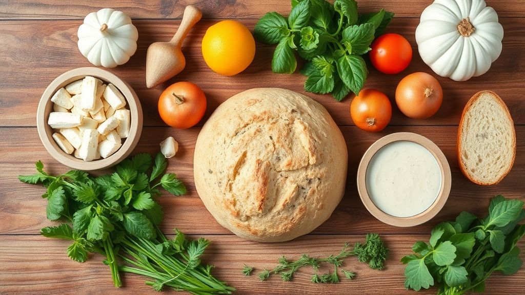 Visão de cima mostrando farinha, fermento, manteiga, água e açúcar organizados em tigelas sobre bancada de madeira.
