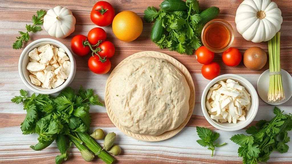 Ingredientes organizados em bancada: farinha, ovos, leite, fermento, presunto, queijo e temperos.