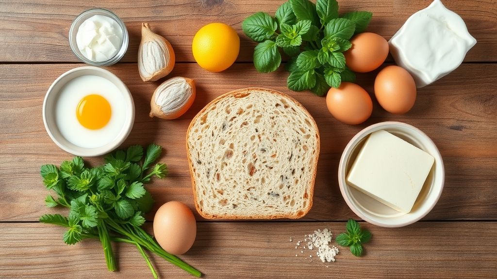 Visão de cima com farinha, fermento, água morna, óleo e açúcar dispostos em tigelas sobre bancada de madeira.
