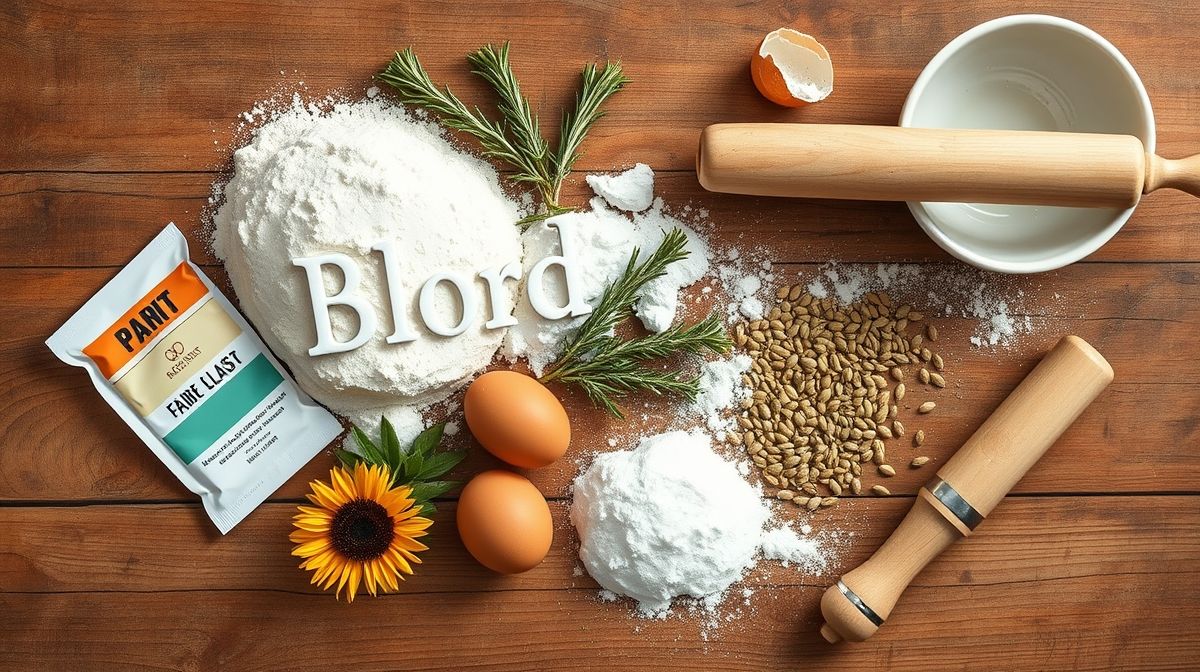 Visão de cima com os ingredientes do pão caseiro organizados em uma bancada de madeira