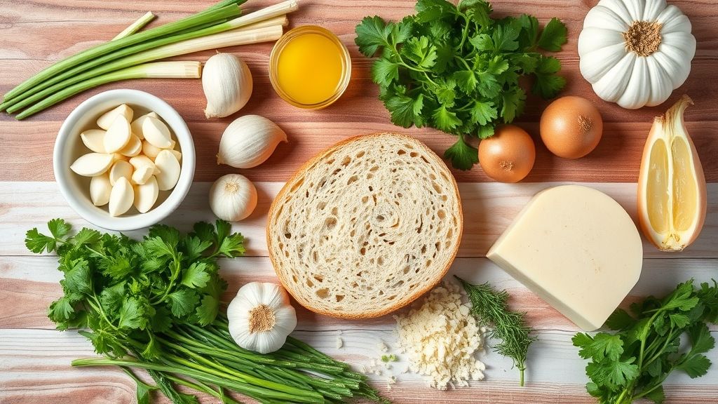 Visão de cima com os ingredientes do pão de alho, como alho, manteiga e queijo, organizados sobre bancada rústica