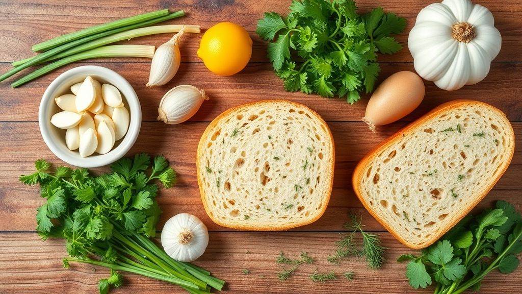 Ingredientes do pão de alho organizados sobre bancada de madeira: pães, alho, manteiga e maionese