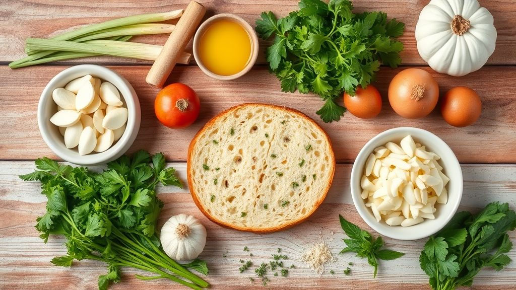 Ingredientes frescos organizados na bancada para preparo do pão de alho.