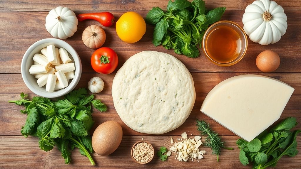 Visão de cima com farinha, leite, ovo e fermento separados sobre bancada de madeira