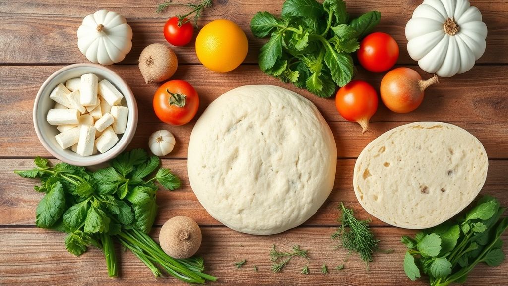 Visão de cima com os ingredientes da receita dispostos em tigelas sobre bancada de madeira