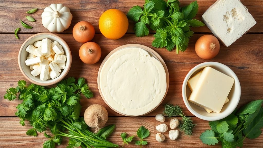 Ingredientes do pão de queijo dispostos em uma bancada rústica, prontos para o preparo