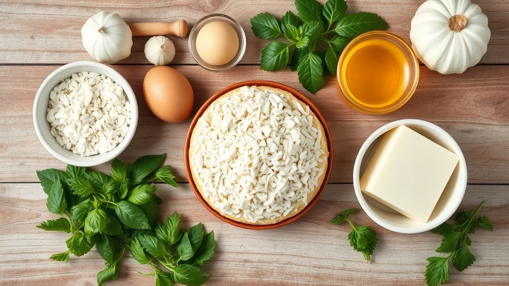 Visão de cima mostrando farinha, ovos, leite, açúcar, manteiga e coco ralado organizados em bancada de madeira