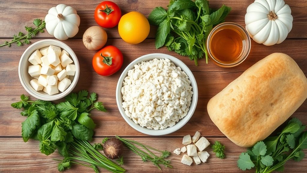 Visão de cima com farinha, fermento, sal, açúcar e água organizados em uma bancada de madeira.