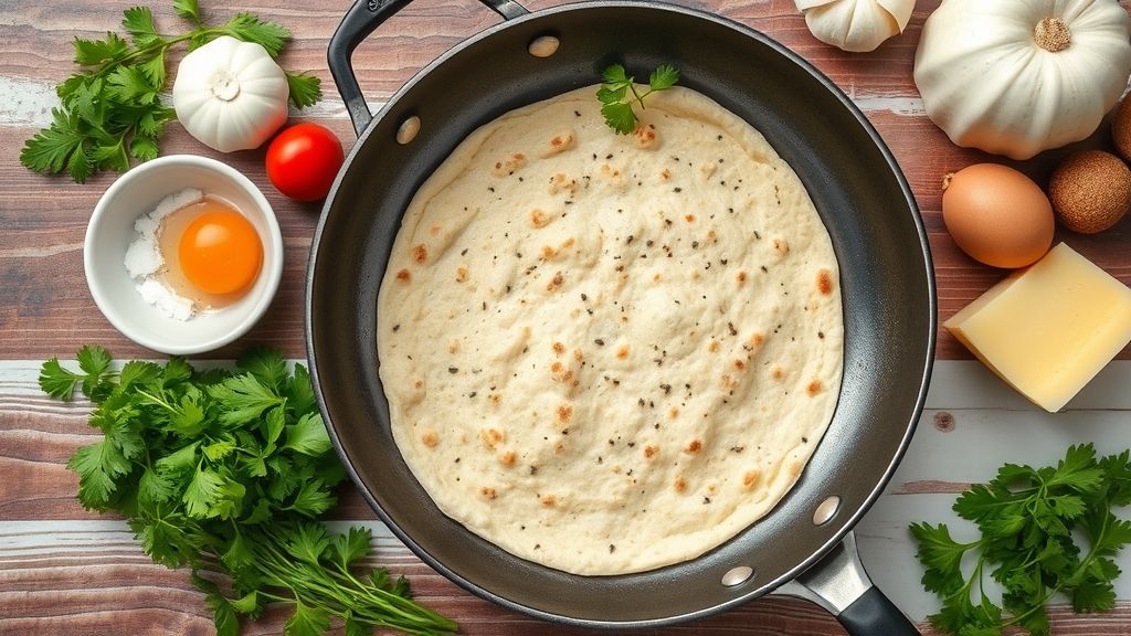 Visão de cima dos ingredientes organizados em uma bancada: farinha, azeite, fermento e água morna