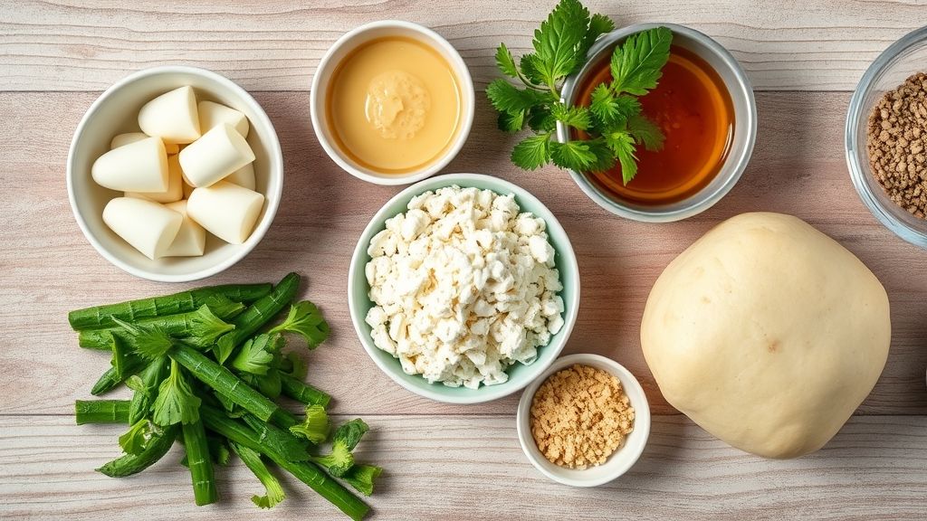 Ingredientes organizados em bancada: batatas, amido de milho, queijo ralado e sal, prontos para preparar a massa