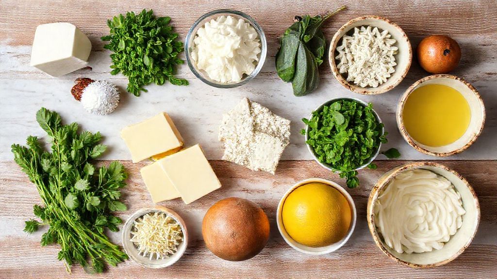 Ingredientes organizados em bancada de mármore, incluindo queijo ralado, amido de milho, ovo e creme de leite